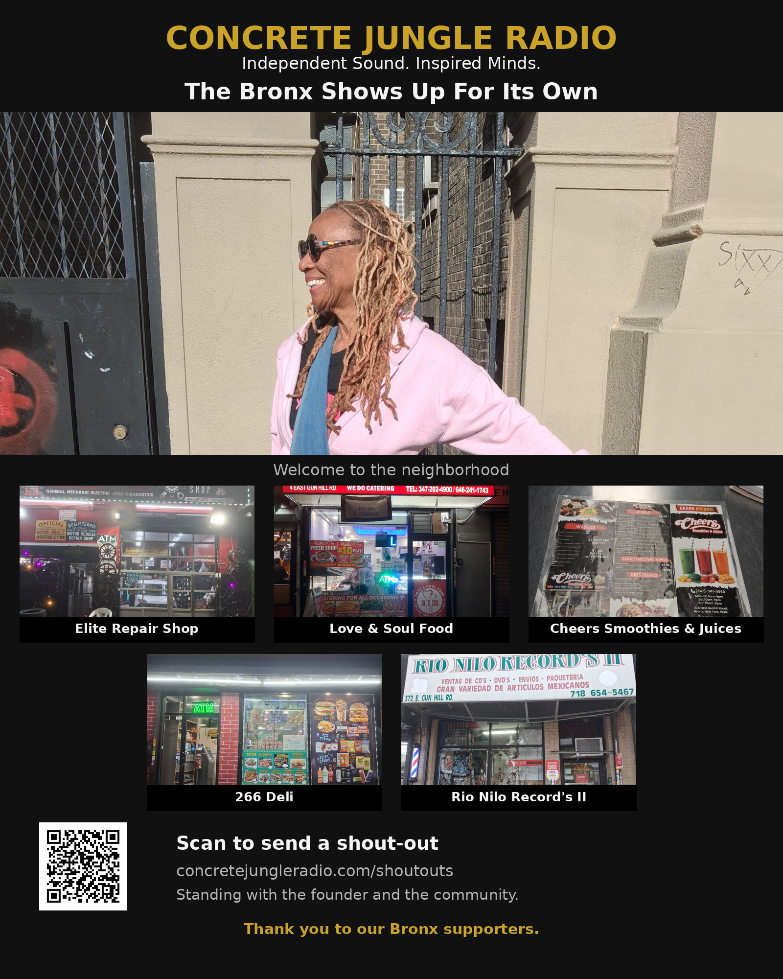 Community spotlight collage: the neighbor who welcomed us, the Bronx businesses that signed up to support the station, and a QR code to send a shout-out